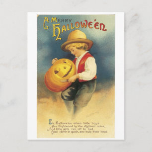 Carte Postale Ancien Halloween, le garçon fait Jack-o-lanterne