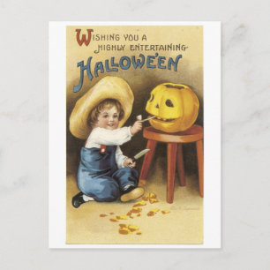 Carte Postale Ancien Halloween, le garçon fait Jack-o-lanterne