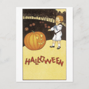 Carte Postale Ancien Halloween, le garçon rencontre Jack-o-lante