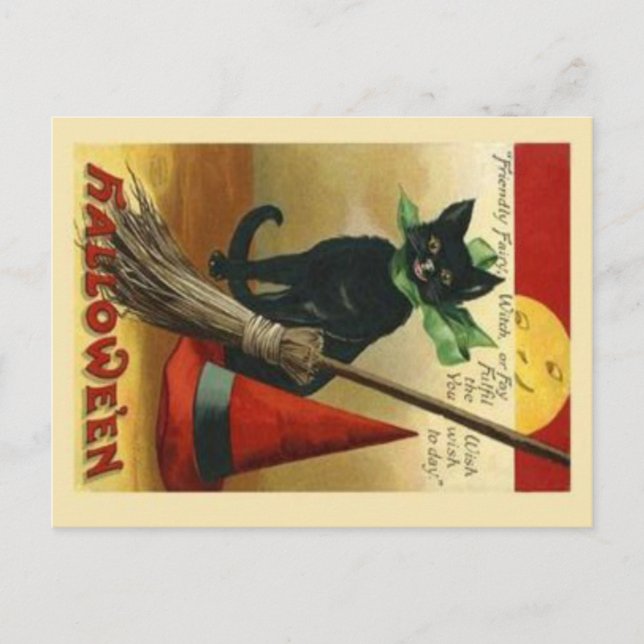 Carte postale ancienne de chat et balai d'Hallowee (Devant)