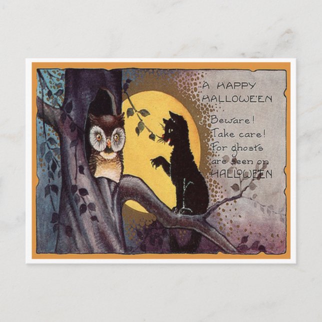 Carte postale ancienne de Halloween avec hibou et  (Devant)