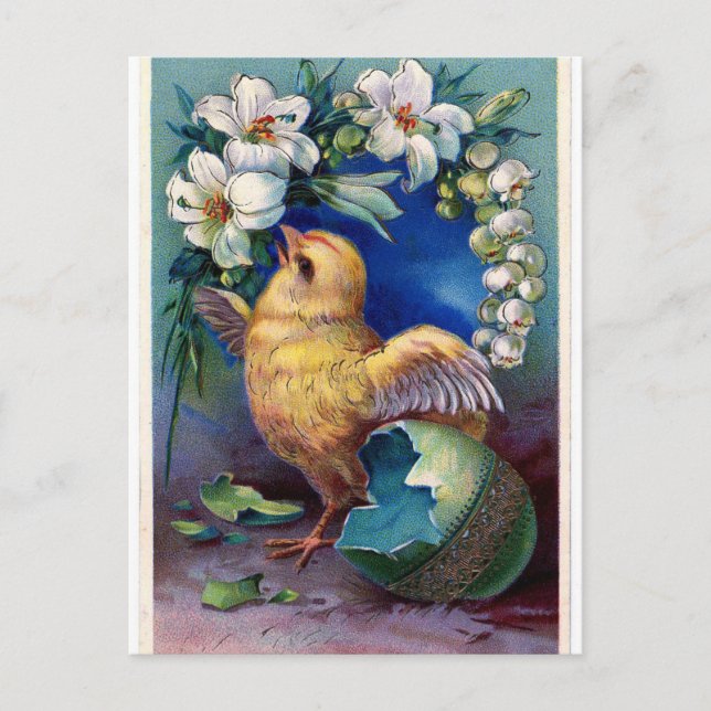 Carte postale ancienne Poussin de Pâques et fleurs (Devant)