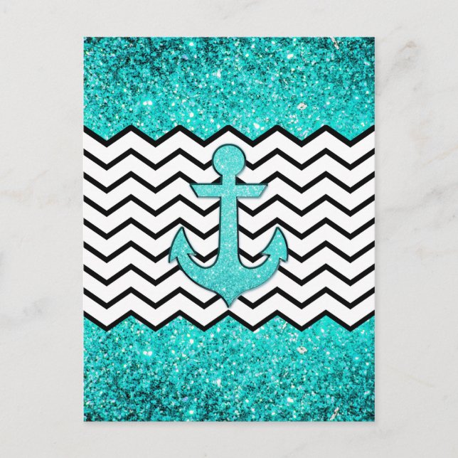 Carte Postale ancre et chevron turquoise parties scintillant (Devant)