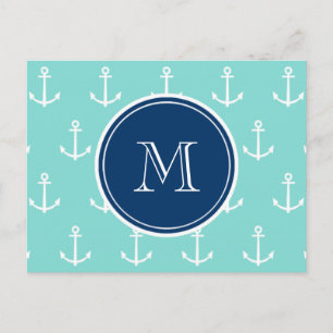 Carte Postale Ancre verte menthe et blanc, monogramme bleu marin