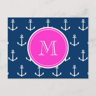 Carte Postale Ancres Bleu Marine Motif, Monogramme Rose Chaud