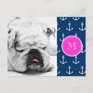 Carte Postale Ancres Bleu Marine Motif, Monogramme Rose Chaud