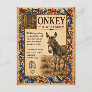 Carte Postale Âne, Art de Bestiaire Médiéval