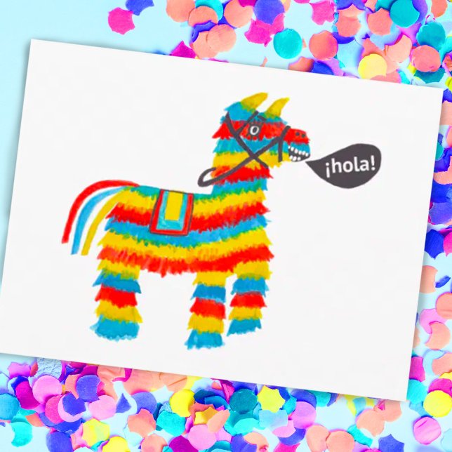 Carte Postale Âne Piñata Aquarelle Coloré (Cute gouache paint pinata saying hola on a postcard! Customize with your own text)
