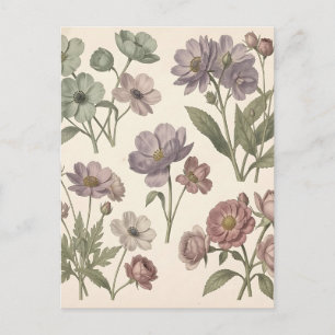 Carte Postale Anémones Roses Botaniques Douces Pastel Vintage