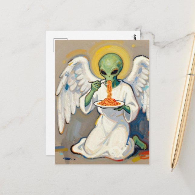Carte Postale Ange Alien Mangeant des Spaghettis (Devant/Arrière en situation)