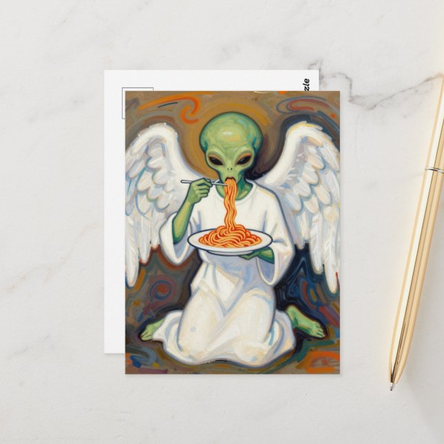 Carte Postale Ange Alien Mangeant des Spaghettis (Devant/Arrière en situation)