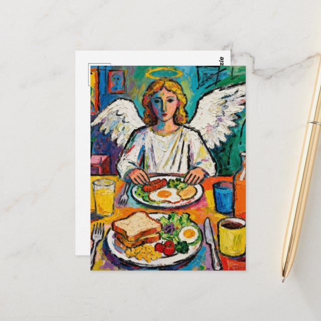Carte Postale Ange au petit-déjeuner (Devant/Arrière en situation)
