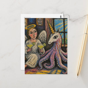 Carte Postale ange avec des margaritas et licorne pieuvre fantai