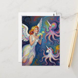 Carte Postale ange avec deux margaritas poulpe licorne poulpe