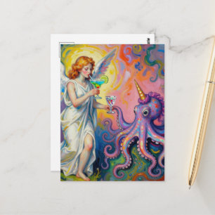 Carte Postale ange avec margaritas et licorne pieuvre fantaisie