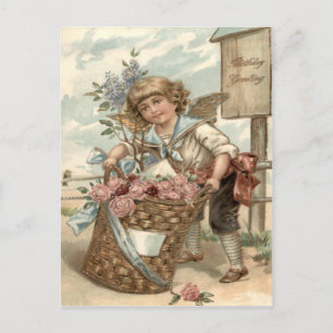 Carte Postale Ange Cherub Panier d'oiseaux Rose