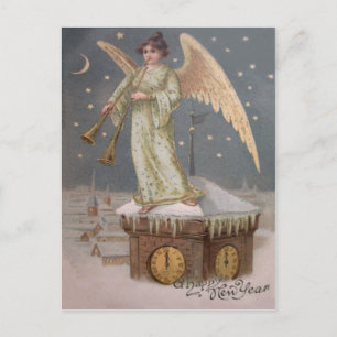 Carte Postale Ange Chérubin Corne Tour Horloge Lune Étoiles