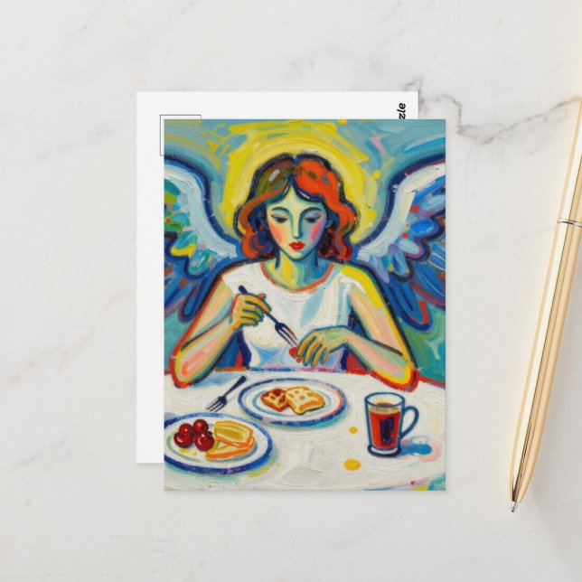 Carte Postale Ange Coloré au Petit Déjeuner (Devant/Arrière en situation)