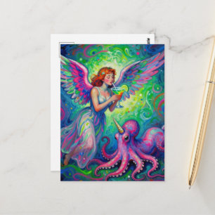 Carte Postale Ange coloré savoure un verre avec une pieuvre lico