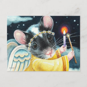Carte Postale Ange de Noël Souris et bougie aquarelle Art