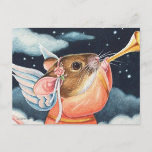 Carte Postale Ange de Noël Souris et trompette Aquarelle Art