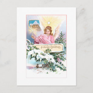 Carte Postale Ange de Noël Vintage, Etoile et Pin couvert de nei