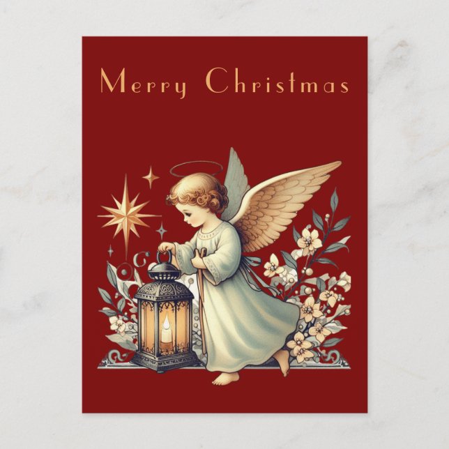 Carte Postale  Ange et lanterne de Noël vintage (Devant)