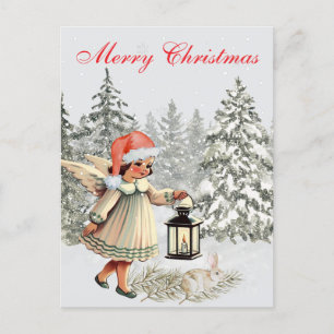 Carte Postale Ange et lapin de Noël vintage