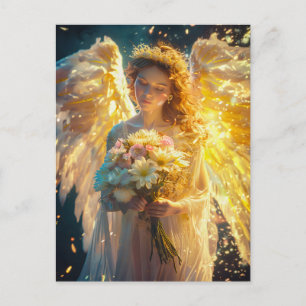 Carte Postale Ange Féminin Sérénité Céleste avec un Bouquet