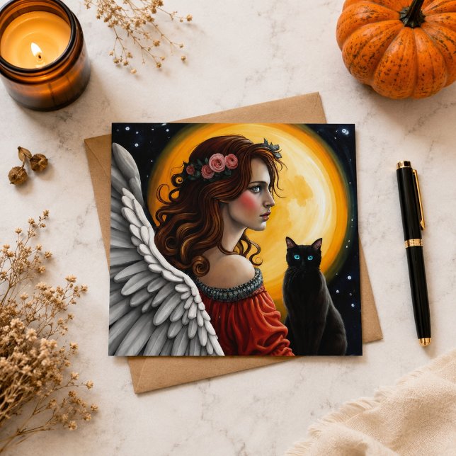 Carte Postale Ange gothique Chat Noir Pleine Lune Céleste (Créateur téléchargé)