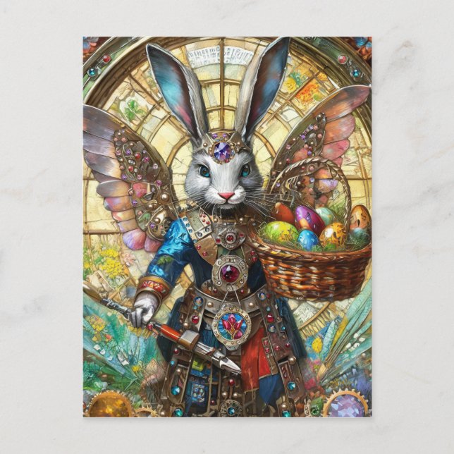 Carte Postale ange guerrier lapin de Pâques steampunk (Devant)