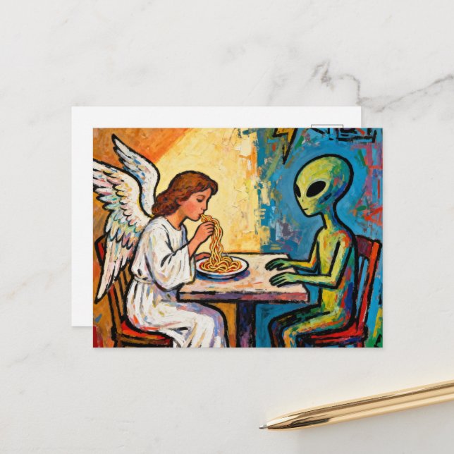Carte Postale Ange mangeant des spaghetti avec un extraterrestre (Devant/Arrière en situation)
