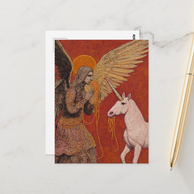 Carte Postale Ange mangeant des spaghetti avec une licorne (Devant/Arrière en situation)