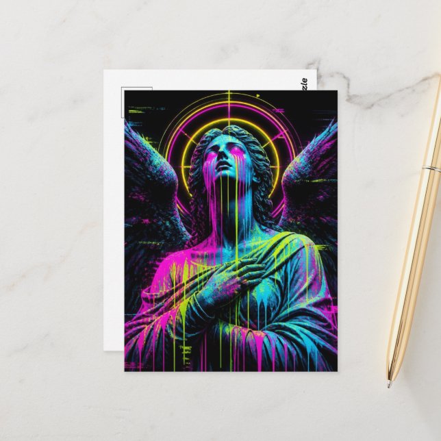 Carte Postale Ange Néon en Larmes (Devant/Arrière en situation)
