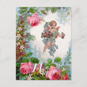 CARTE POSTALE ANGE ROMANTIQUE RASSEMBLANT ROSES ET FLEURS ROSES