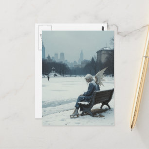 Carte Postale Ange triste en patins à glace assis sur un banc de