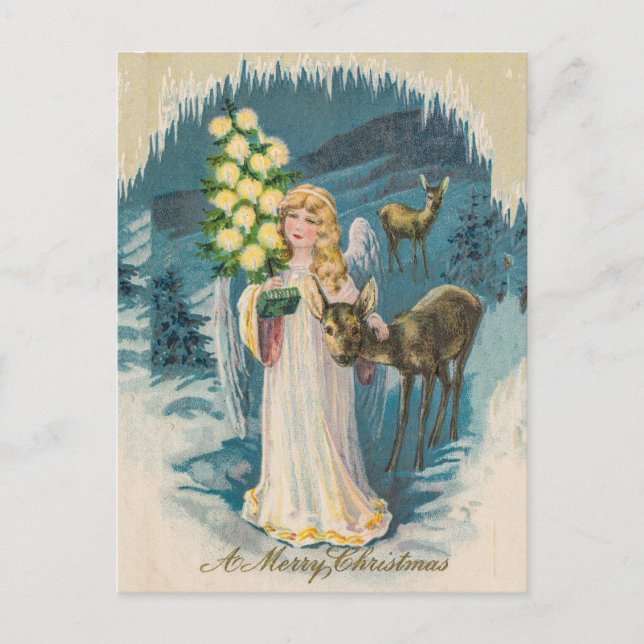 Carte Postale Angel et Deers Joyeux Noël Vintage (Devant)