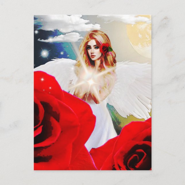 Carte Postale Angel Red Rose Wings Moon Beau Imaginaire Art (Devant)