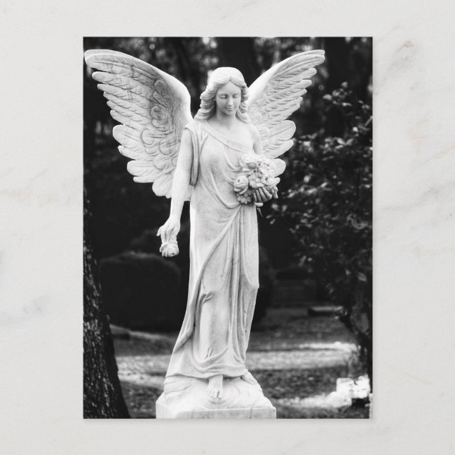Carte Postale Angel tenant des fleurs noir et blanc photo (Devant)