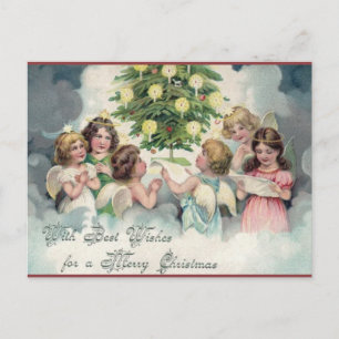 Carte Postale Anges de Noël vintage autour d'un arbre
