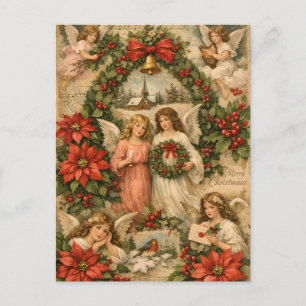 Carte Postale Anges de Noël vintage, Poinsettia, Baies