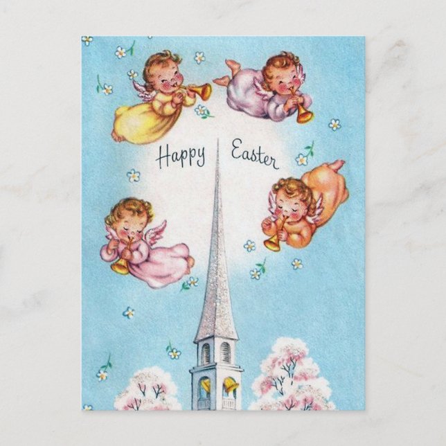 Carte Postale Anges rétros et église Joyeux Pâques (Devant)