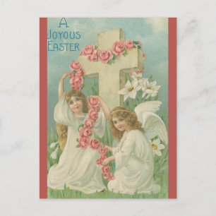 Carte Postale Anges Vintage Avec une Croix Fleurs Roses Pâques