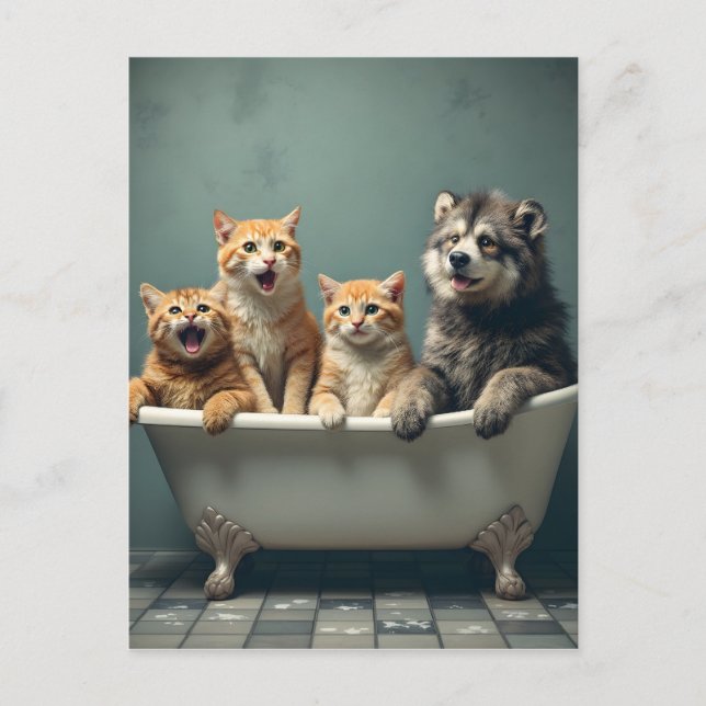 Carte Postale Animaux amusants dans la baignoire (Devant)