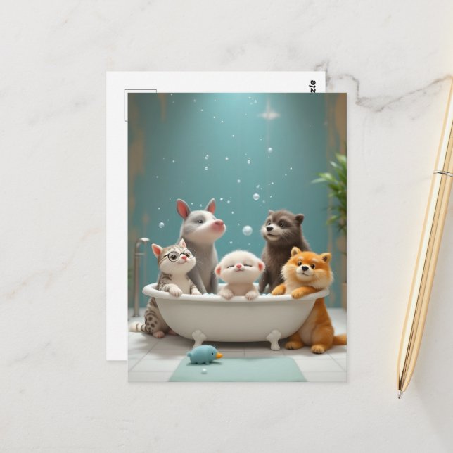 Carte Postale Animaux amusants dans la baignoire (Devant/Arrière en situation)