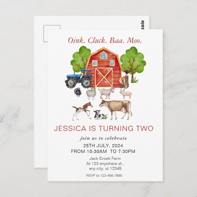 Carte Postale Animaux de ferme à l'aquarelle pour l'anniversaire (Devant / Derrière)