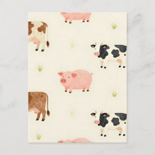 Carte Postale Animaux de Ferme Motif Aquarelle Mignon
