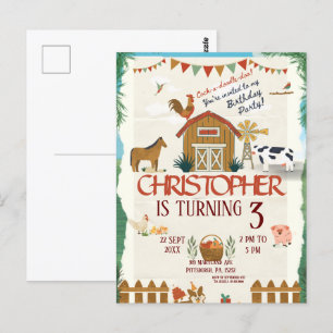 Carte Postale Animaux de la ferme aquarelle moderne 1er annivers