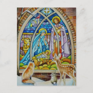 Carte Postale Animaux et Nativité Verre de rideau Aquarelle Art