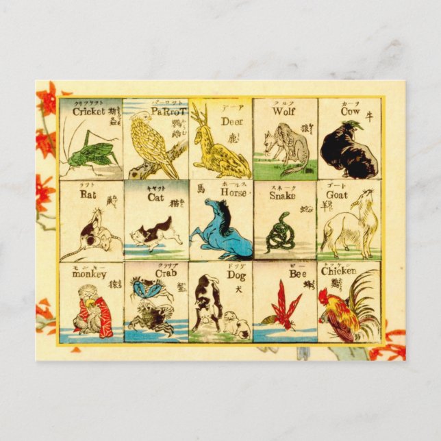 Carte Postale Animaux étiquetés en japonais et en anglais (Devant)